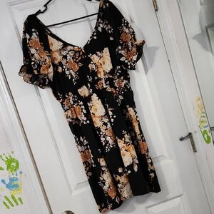 Floral Black and Orange Women's Short Fall Dress V Neck